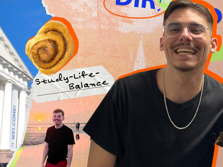 Fotocollage im Hochformat: In der Mitte die Überschrift "Wo liegt Tartu? Fabian zeigt`s Dir!". Ein dunkelhaariger Studierender mit schwarzem T-SHirt und Brille ist dreifach zu sehen (rechts unten im Vordergrund und lachend, links unten im Wasser stehend, rechts oben mit einer Gruppe anderer Studierender). Im Bild weitere Fotos: von Zimtschnecken, einem hellen Gebäude mit Säulen und der estnischen Flagge.
