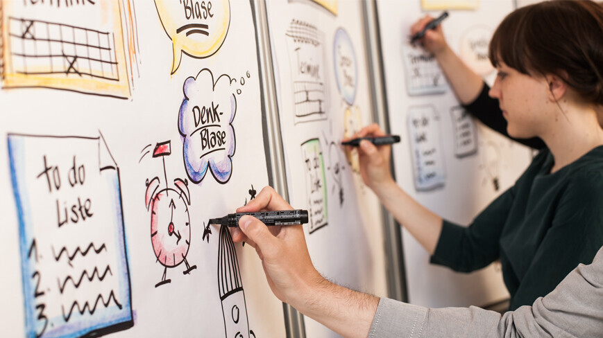 Teilnehmende visualisieren Lehrinhalte gemeinsam an einem Flipchart – Perspektive von der Seite.