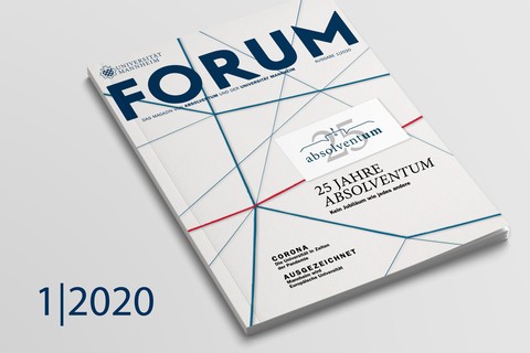 Cover des FORUM-Magazins 1 | 2020 mit einem Netz aus blauen und roten Strichen und dem Titel "25 Jahre Absolventum. Kein Jubiläum wie jedes andere".