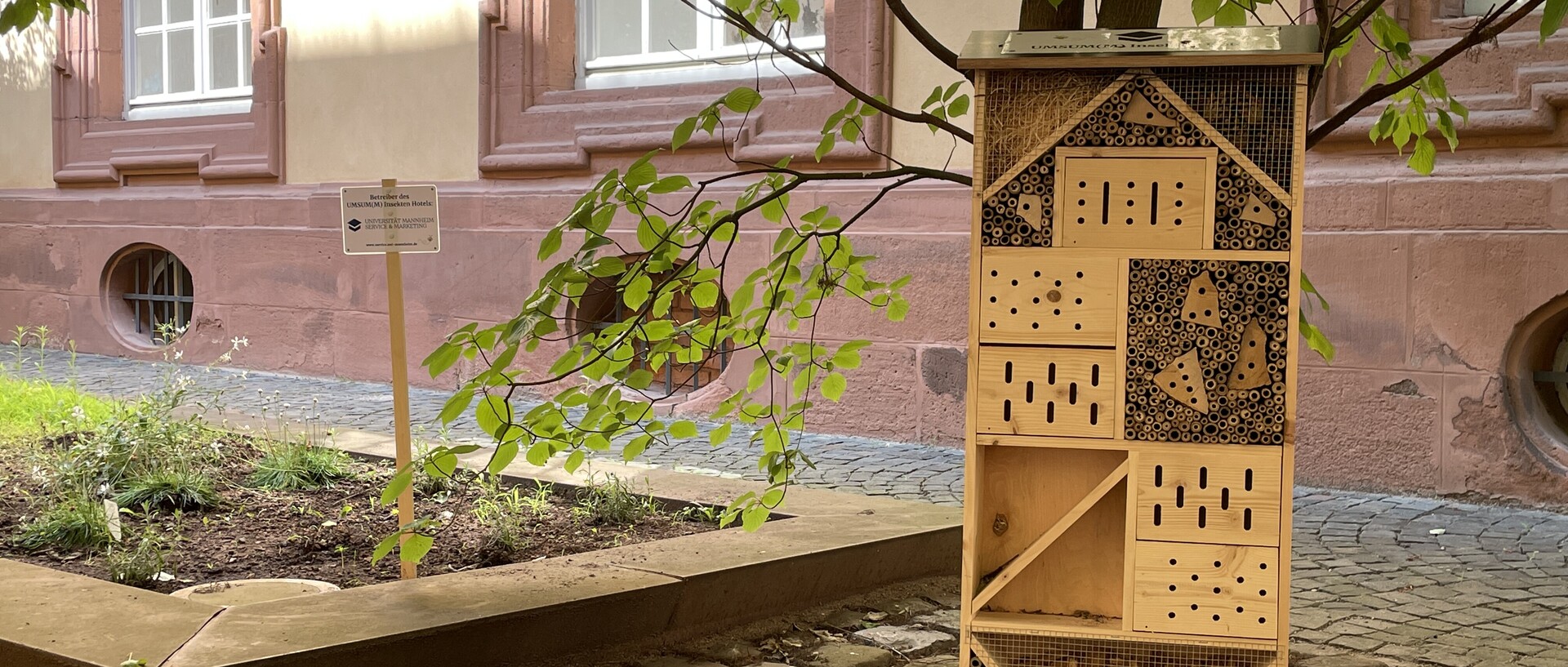 Ein Insektenhotel steht vor einem Baum.