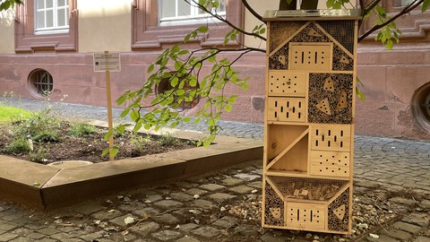 Ein Insektenhotel steht vor einem Baum.