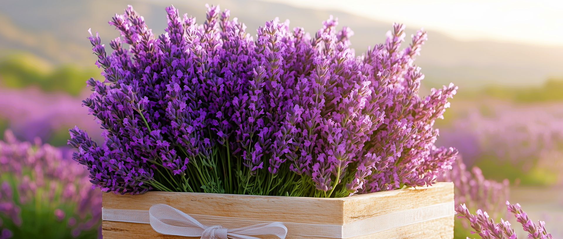 Lavender tufts in a wooden box