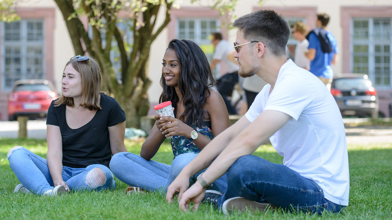 Zwei Studentinnen und ein Student sitzen auf einer Wiese und unterhalten sich. Sie tragen T-Shirts und Sonnenbrillen.