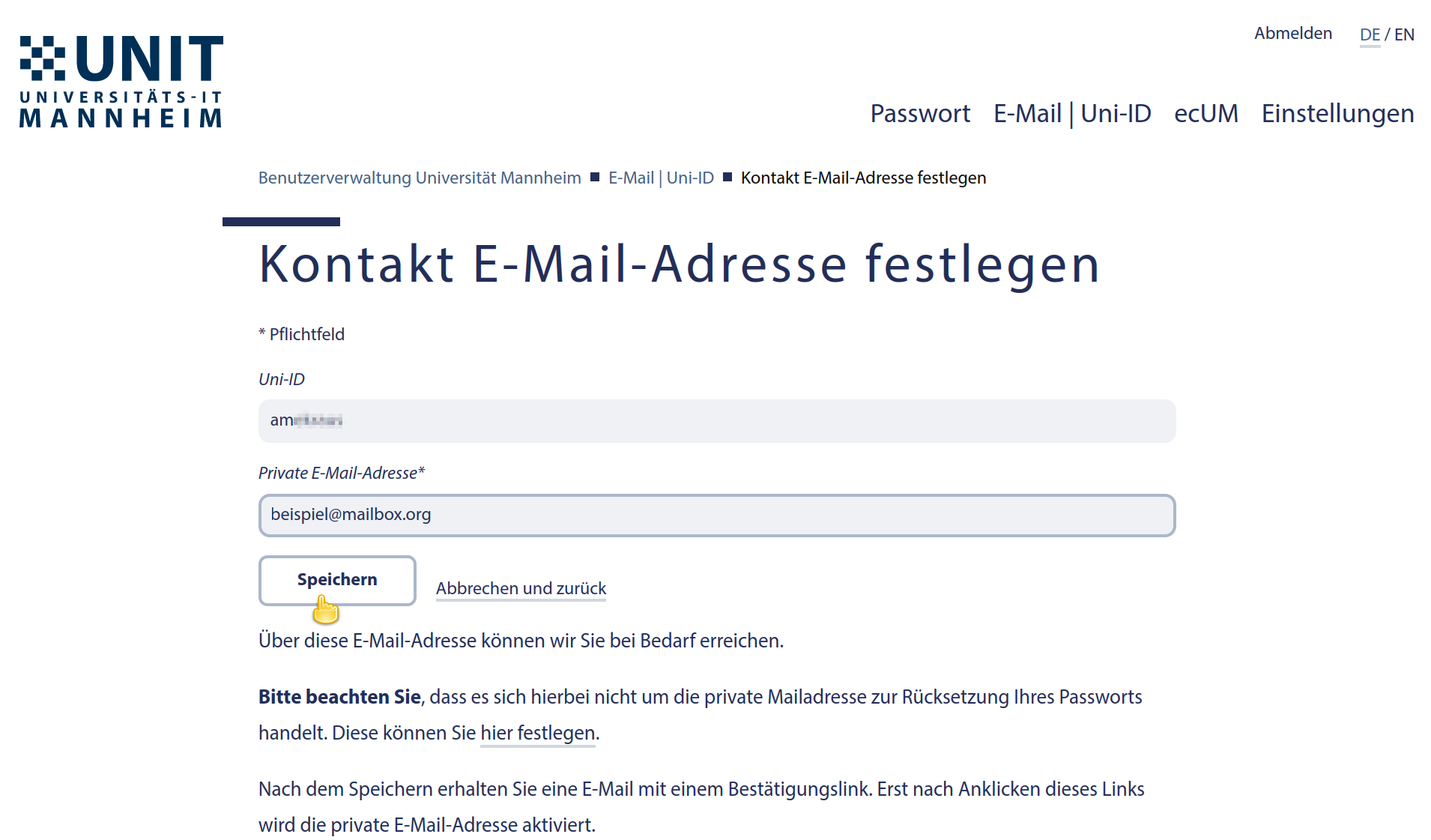 Kontakt E-Mailadresse angeben und speichern