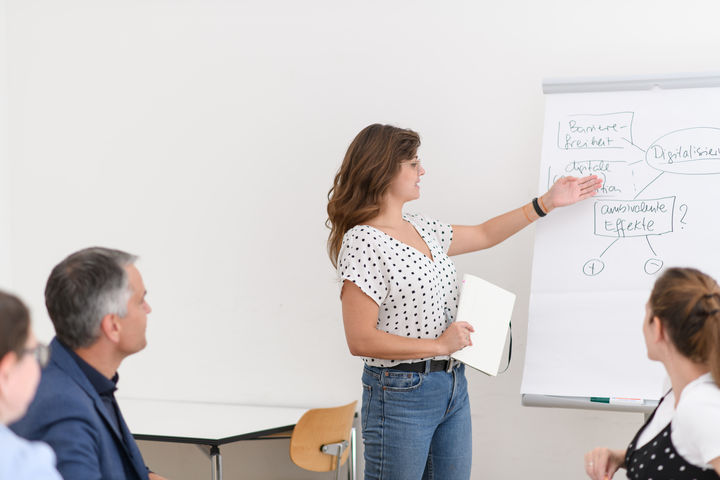 Frau präsentiert vor einer Flipchart, Zuhörende hören aufmerksam zu.