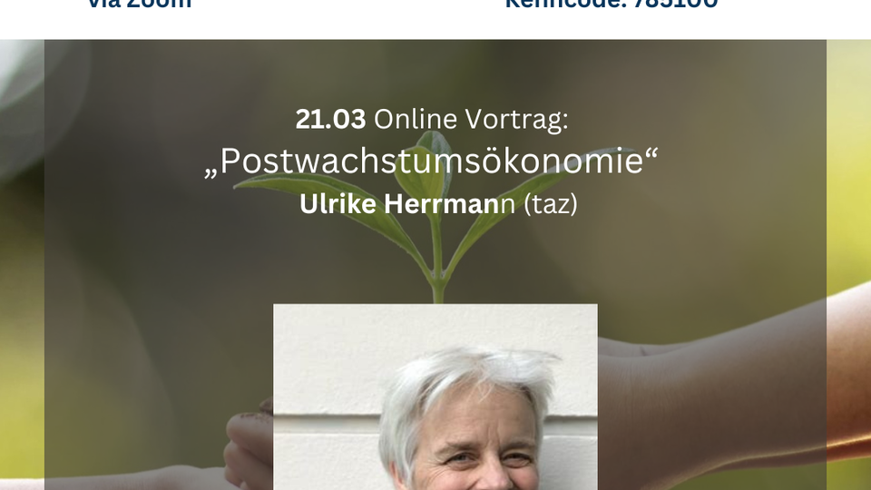 Infografik zu universitären Gastvorträgen in der "Wirtschaftsethik" Vorlesung Dienstags 10:15 - 11:45h via Zoom. Marktwirtschaft Quo Vadis? 21.03. Online-Vortrag: "Postwachstumnsökonomie". Ulrike Herrmann (taz).