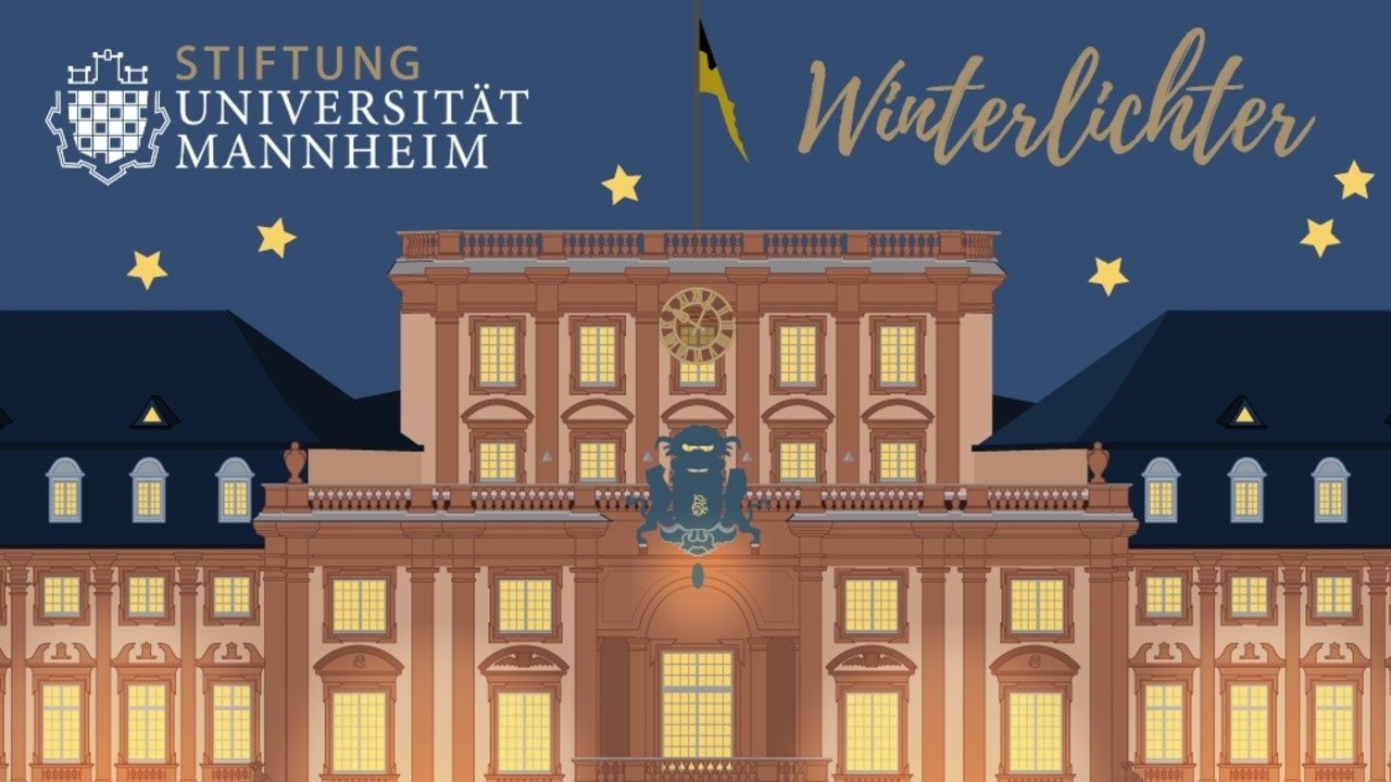 Das Mannheimer Schloss als Grafik. Festlich beleuchtet unterm Sternenhimmel mit Weihnachtsbäumen davor. Aufschrift: "Stiftung Universität Mannheim. Winterlichter"