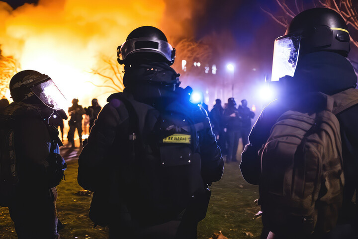 Polizist*innen im Dunkeln. Im Hintergrund brennt etwas.