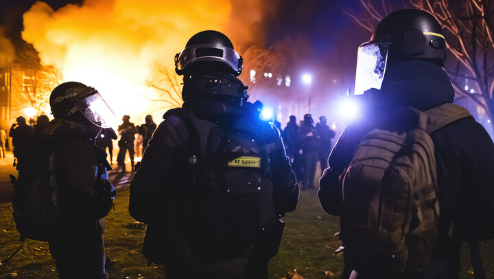 Polizist*innen im Dunkeln. Im Hintergrund brennt etwas.
