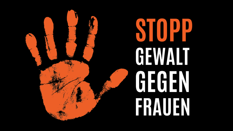 #OrangeTheWorld. Stopp Gewalt gegen Frauen. Orangener Handabdruck daneben. Un Women-Logo unten rechts.