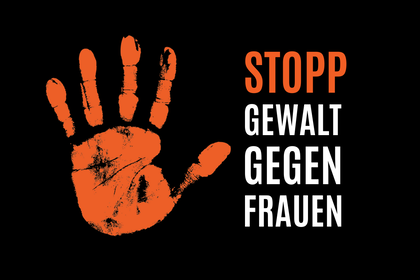 #OrangeTheWorld. Stopp Gewalt gegen Frauen. Orangener Handabdruck daneben. Un Women-Logo unten rechts.
