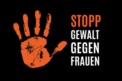 #OrangeTheWorld. Stopp Gewalt gegen Frauen. Orangener Handabdruck daneben. Un Women-Logo unten rechts.
