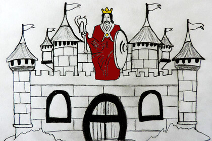 Eine schwarzweiß-Zeichnung einer Ritterfestung. In der Mitte rakt ein König mit leuchtender goldener Krone in rotem Umhang mit Schild und Fackel in seinen Händen aus der Burg heraus.