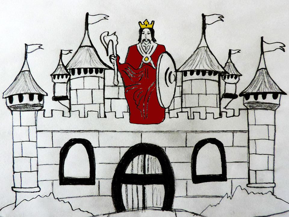 Eine schwarzweiß-Zeichnung einer Ritterfestung. In der Mitte rakt ein König mit leuchtender goldener Krone in rotem Umhang mit Schild und Fackel in seinen Händen aus der Burg heraus.