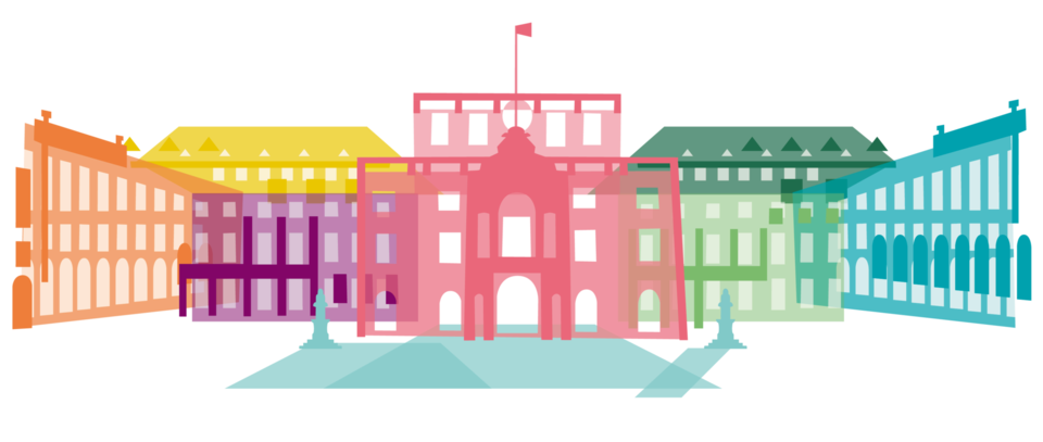 eine ausgestellte Grafik des Barrockschlosses der Universität Mannheim, mit eingefärbten Gebäuden in Regenbogenfarben