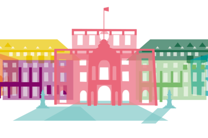 eine ausgestellte Grafik des Barrockschlosses der Universität Mannheim, mit eingefärbten Gebäuden in Regenbogenfarben