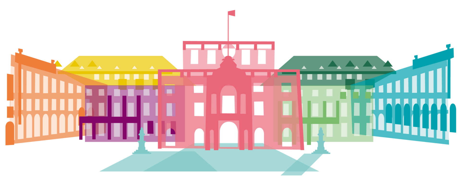 eine ausgestellte Grafik des Barrockschlosses der Universität Mannheim, mit eingefärbten Gebäuden in Regenbogenfarben