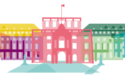 eine ausgestellte Grafik des Barrockschlosses der Universität Mannheim, mit eingefärbten Gebäuden in Regenbogenfarben