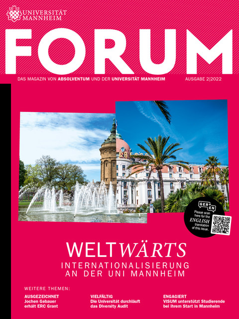 Cover des FORUM-Magazins mit dem Titel "WELTWÄRTS. Internationalisierung an der Uni Mannheim"