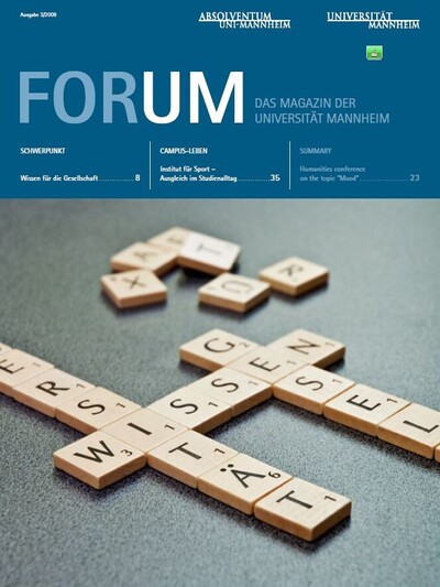 FORUM-Cover Ausgabe 3/2009 mit Scrabble-Steinen, die die Wörter Wissen, Gesellschaft und Universität bilden.