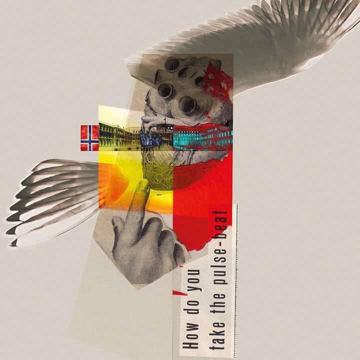 Bildercollage auf grauem Hintergrund mit dem Mannheimer Schloss, einer Zeichnung des menschlichen Herzes, einem darauf zeigenden Zeigefinger, einer norwegischen Flagge, zwei Flügeln und dem Schriftzug "How do you take the pulse-beat"