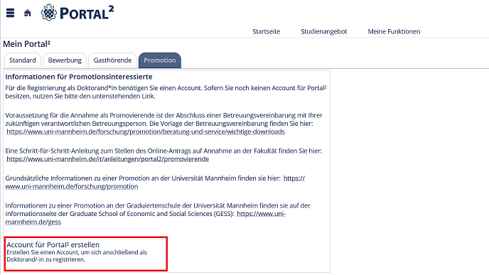 Ein Screenshot von der Webseite Portal² auf dem die Unterseite "Promotion" zu sehen ist und die Schaltfläche "Account für Portal² erstellen" mit einem roten Kästchen umrandet ist.