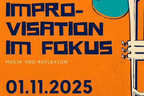 Orangenes Plakat mit blauer Schrift. Darauf zu sehen sind eine Trompete, ein paar Noten und Logos der Universität Mannheim, Alte Feuerwache, ZLBI, TransforMA, Wissen bewegen. Text: "Eine Veranstaltung der Universität Mannheim in Kooperation mit der Alten Feuerwache - Improvisation im Fokus, Musik und Reflexion. 01.11.2025. Symposium 12:30-17 Uhr, Konzert 20 Uhr"