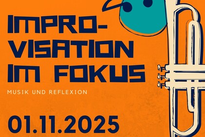 Orangenes Plakat mit blauer Schrift. Darauf zu sehen sind eine Trompete, ein paar Noten und Logos der Universität Mannheim, Alte Feuerwache, ZLBI, TransforMA, Wissen bewegen. Text: "Eine Veranstaltung der Universität Mannheim in Kooperation mit der Alten Feuerwache - Improvisation im Fokus, Musik und Reflexion. 01.11.2025. Symposium 12:30-17 Uhr, Konzert 20 Uhr"