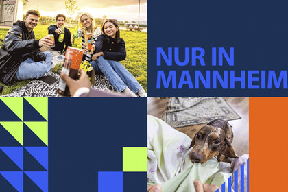 Kampagnenbild mit dunkelblauer Farbfläche und farbigen Elementen in Hellblau, Orange und Hellgrün. Zu sehen sind auch zwei Fotos, das eine zeigt eine Gruppe Studierender, die in die Kamera prosten, das andere einen Hund, der an einer Bettdecke zieht.