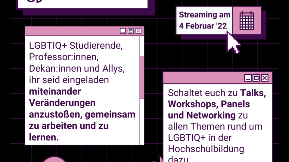 SXS Student Summit. Streaming am 4. februar 2022. LGBTQ+ Studierende, Professor*innen, Dekan*innen und Allys Ihr seid eingeladen miteinander Veränderungen anzustoßen, gemeinsam zu arbeiten und zu lernen. Schaltet euch zu Talks. Workshops, Panels und Networking zu allen Themen rund um LGBTQ+ in der Hochschulbildung dazu.