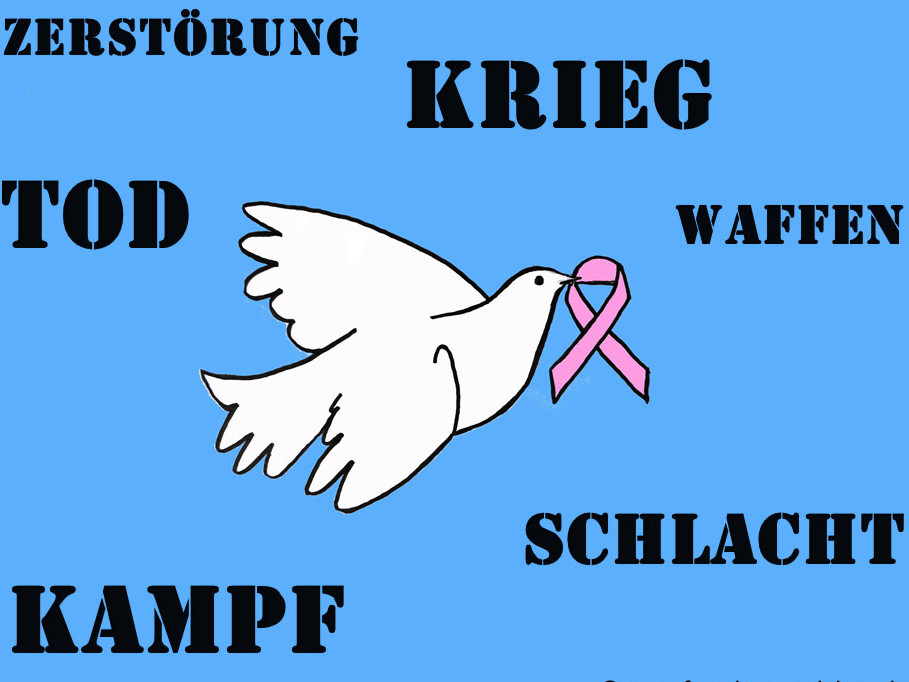 Eine weiße Taube mit einer rosa Schleife im Mund (internationales Symbol für Brustkrebs) und um sie herum Wörter wie Kampf, Tod, Krieg, Zerstörung.