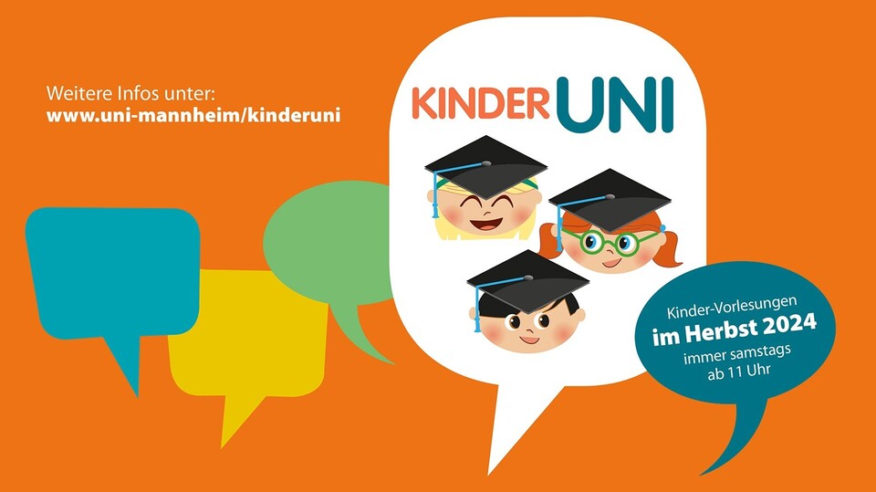 Grafik zur Kinder-Uni mit bunten Sprechblasen.