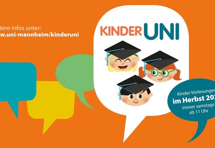 Grafik zur Kinder-Uni mit bunten Sprechblasen.