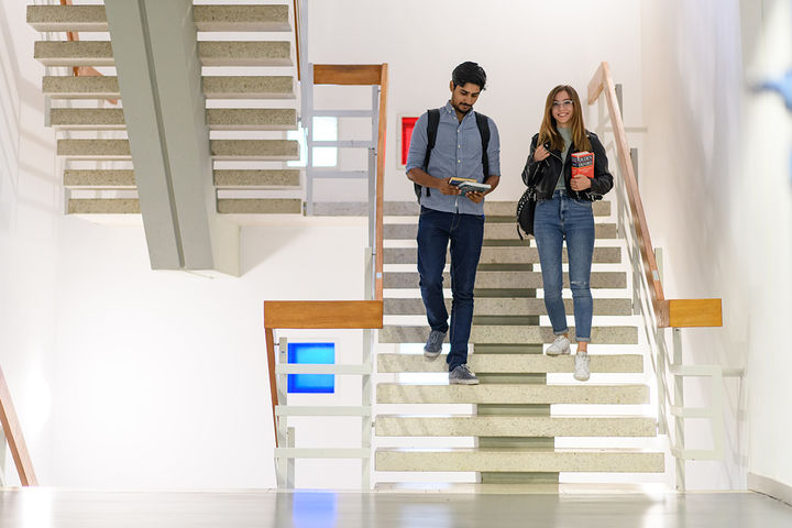 Eine Studentin und ein Student steigen eine helle Steintreppe herab. Sie halten Bücher in ihren Händen.