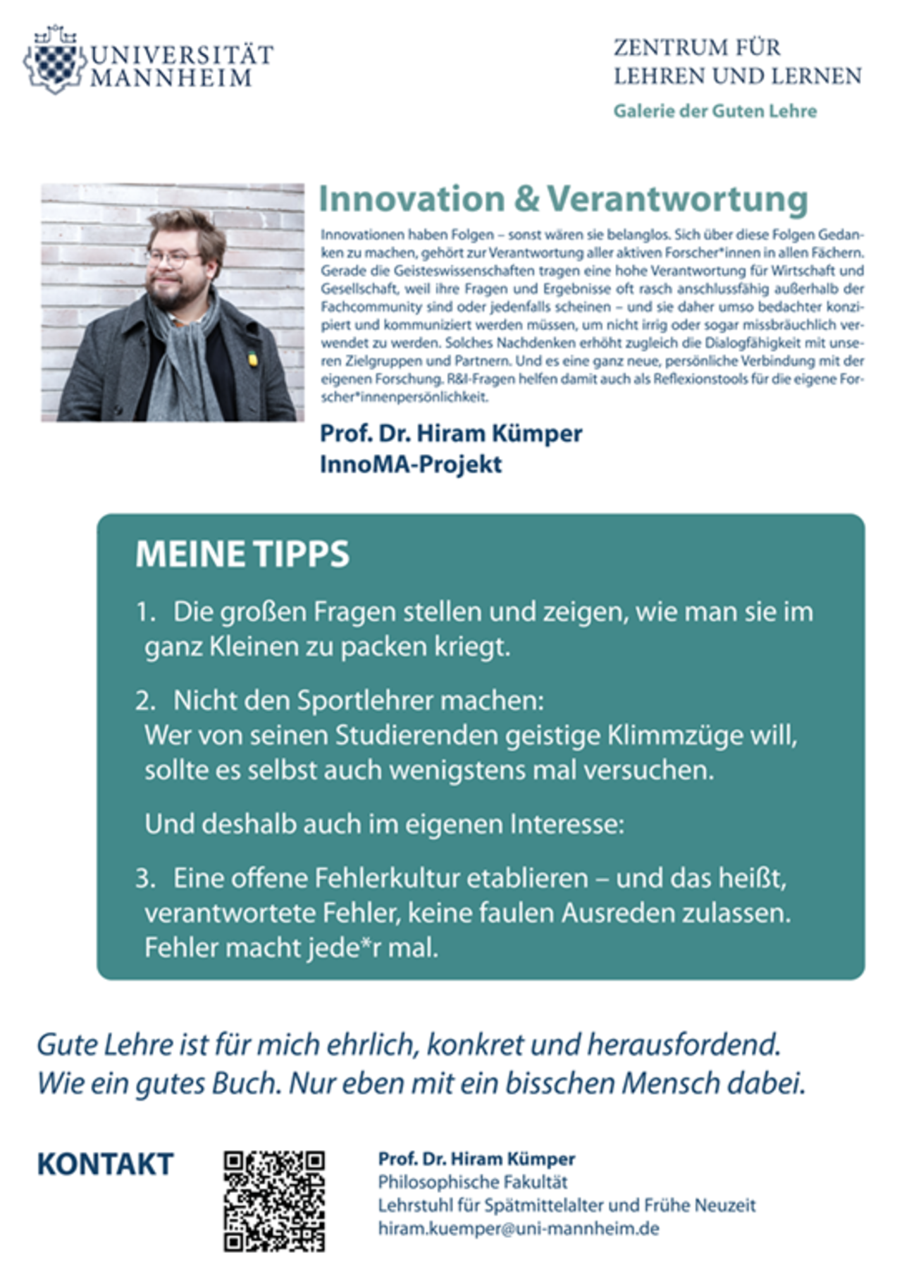 Poster des Projektes Innovation & Verantwortung von Professor Doktor Hiram Kümper.