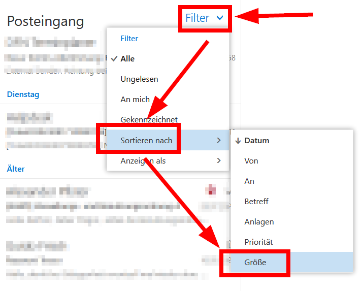 Mails über Filter nach Größe sortieren