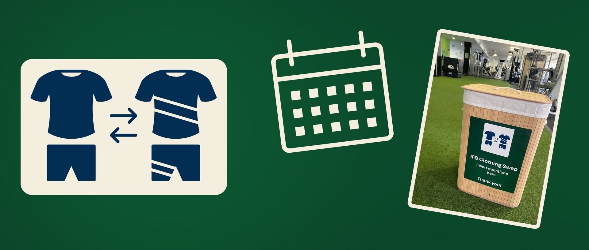 Collage aus T-Shirt und Kalender-Icons sowie einem Bilder einer Kleidersammelbox