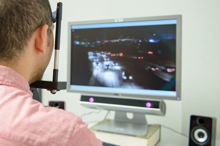 Eine Person sitzt vor einem Computermonitor.