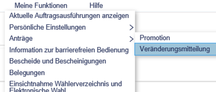 Ein Screenshot von der Website Portal² auf dem das Menü Meine Funktionen mit den Unterpunkten Anträge und Veränderungsmitteilung abgebildet ist.