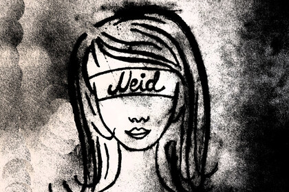 Zeichnung eines Frauenkopfes. Die Augen sind mit der Aufschrift "Neid" verdeckt.