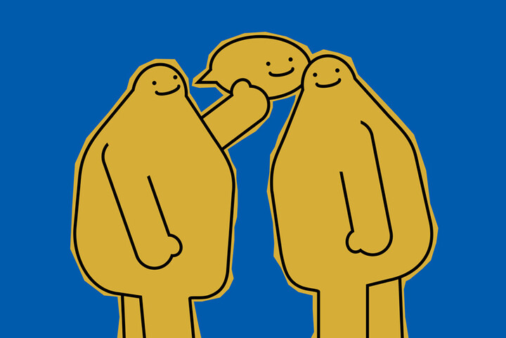 Zwei senfgelb illustrierte Figuren sprechen miteinander. Beide lächeln. Der Hintergrund ist blau. 