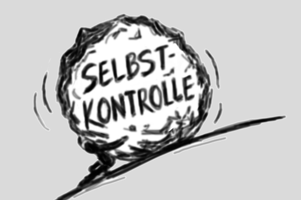 Zeichnung einer großen Kugel mit der Aufschrift Selbstkontrolle und einem Strichmännchen, das die rollende Kugel aufhalten möchte.