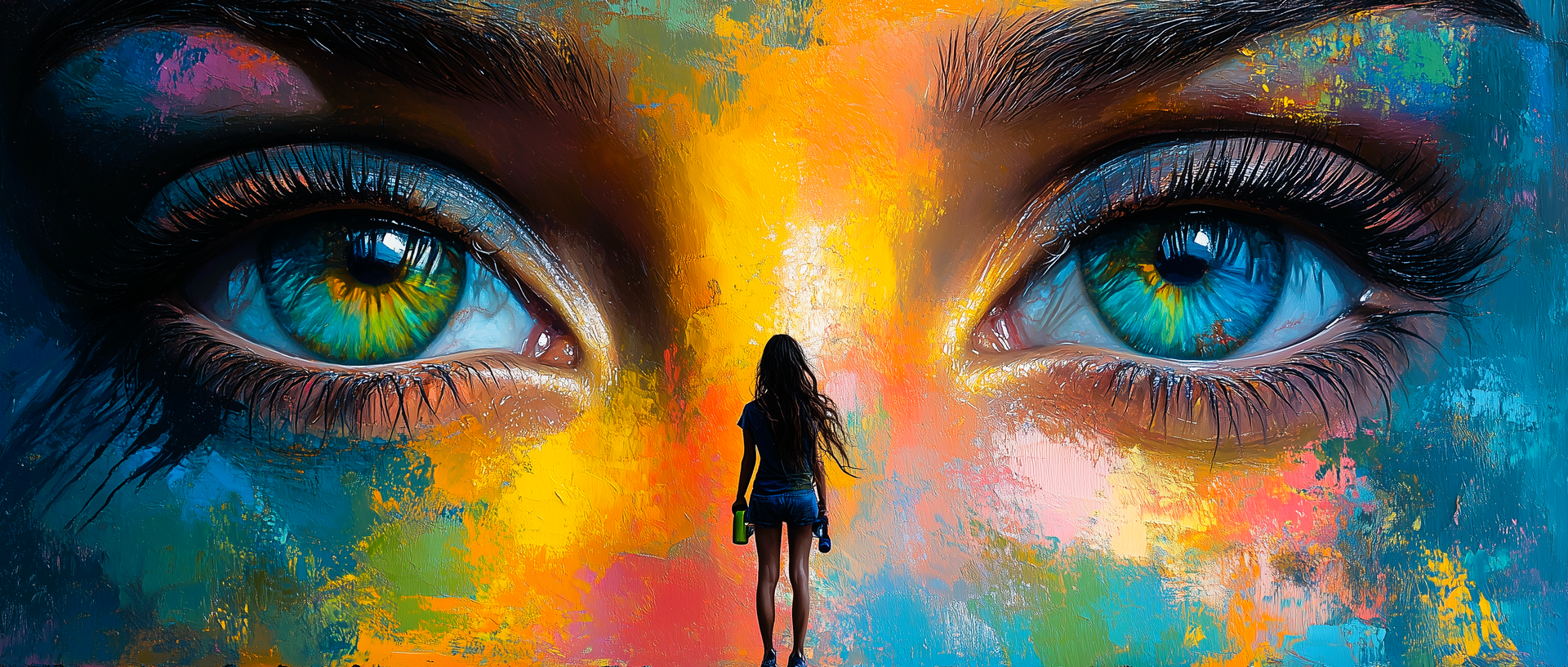 Eyes with multicolored face-paint as wallart