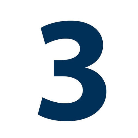 The number "three" can be seen in blue on a white background.