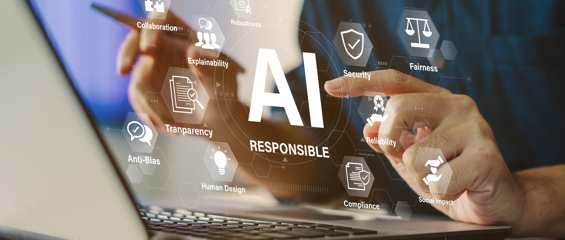 Ein Mann sitzt am Laptop, darüber sind diverse Icons eingeblendet sowie der Schriftzug "AI Responsible".