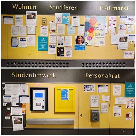 Schwarzes Brett mit vielen Zettel und Infoplakaten. Link: Instagram Post Schwarzes Brett Uni Mannheim