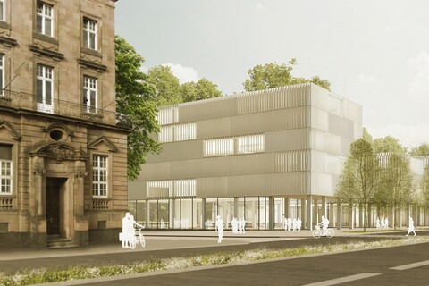 Im Vordergrund der Visualisierung führt die breite Bismarckstraße an den Gebäuden vorbei. Links steht das Amtsgericht. Daneben sind vier gläserne Gebäude platziert. Zudem wurden weiße Umrisse von Studierenden eingezeichnet.