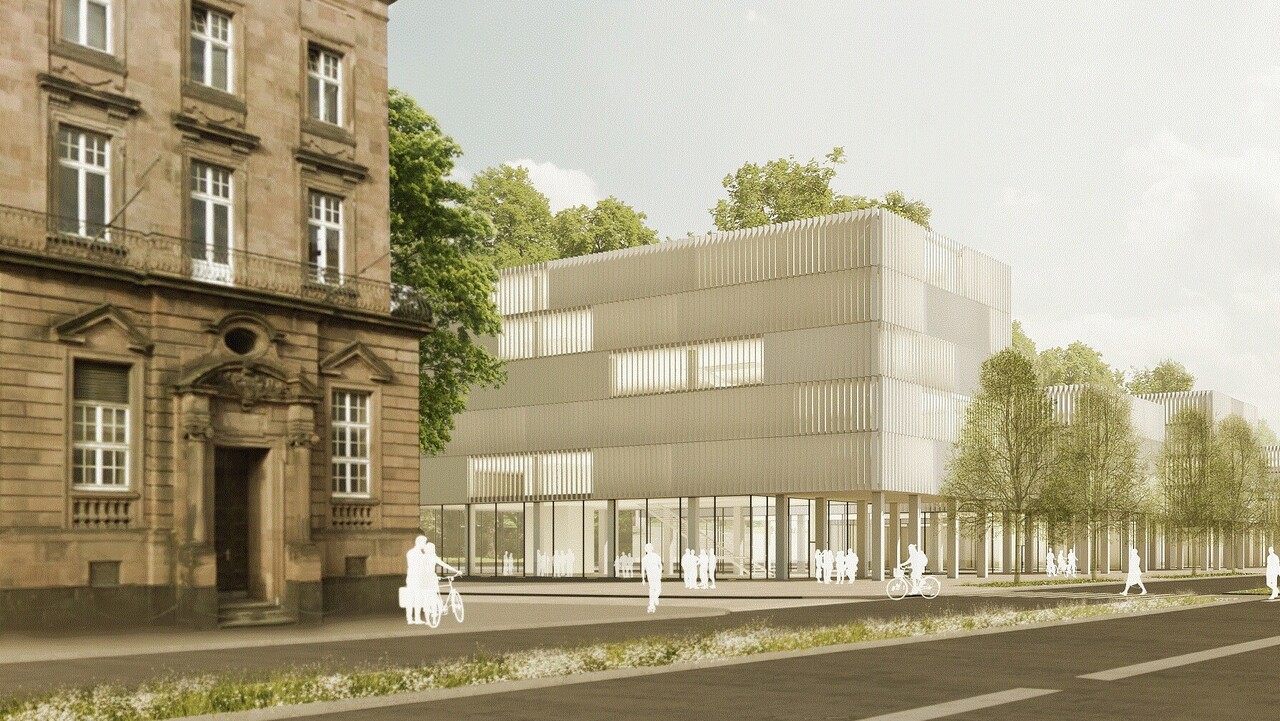 Im Vordergrund der Visualisierung führt die breite Bismarckstraße an den Gebäuden vorbei. Links steht das Amtsgericht. Daneben sind vier gläserne Gebäude platziert. Zudem wurden weiße Umrisse von Studierenden eingezeichnet.