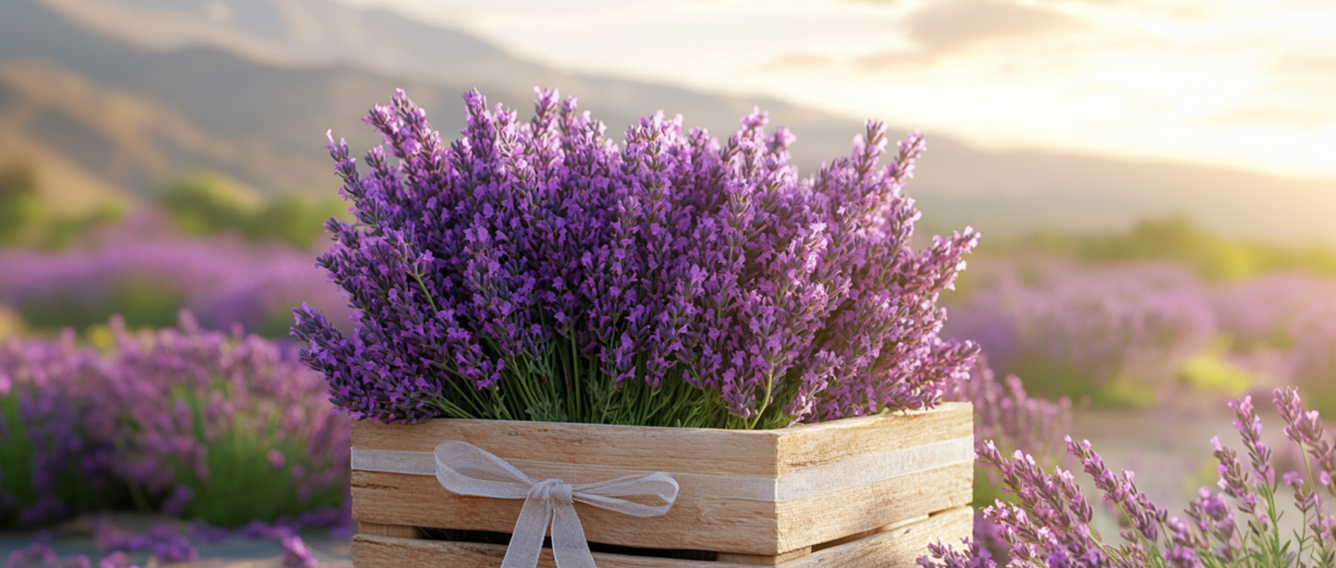 Lavendar in a light wooden crate