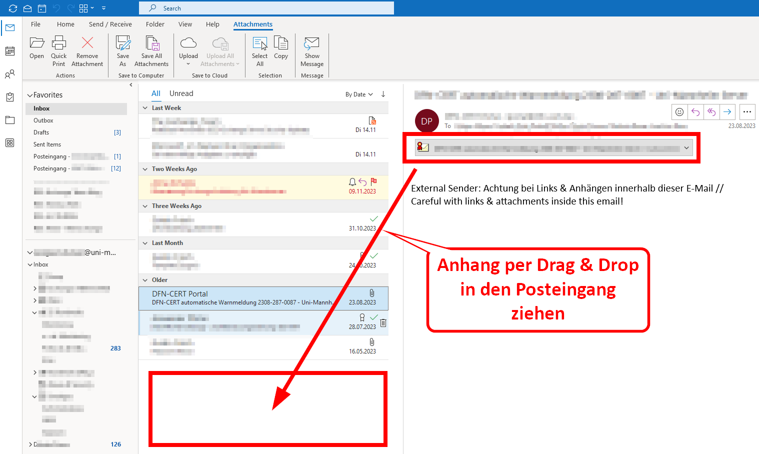 Anahng der E-Mail per Drag & Drop in den Posteingang ziehen